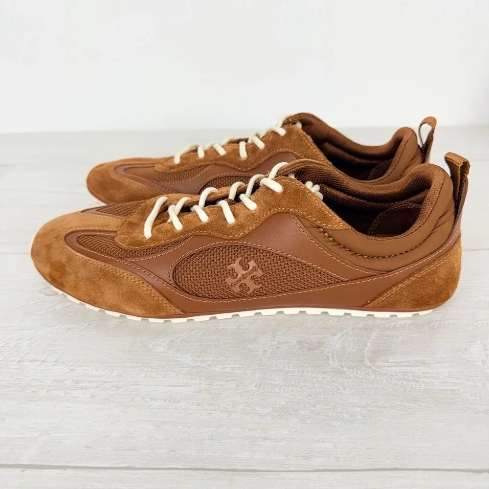Tory Burch Field Sneakers Womens 8.5 Brown Leather Suede Lace Up Comfort Chic